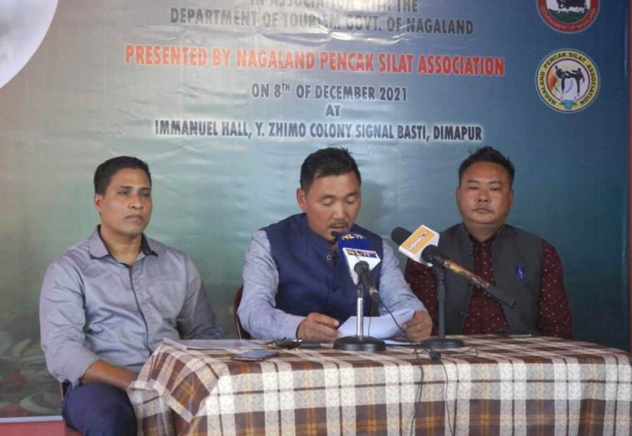 President of Naga Silat Association Khevishe Sema along with the General Secretary of Nagaland Pencak Silat Association, Deepak Kumar and spokesperson Kashito Kiba addressing the media fraternity at Immanuel Hall, Signal Basti, Dimapur on December 3. (Morung Photo)